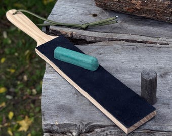 Handcrafted Double-Sided Leather Strop. Includes Polishing Paste. Honing Paddle for Sharpening Knives, Chisels and Wood Carving Tools.
