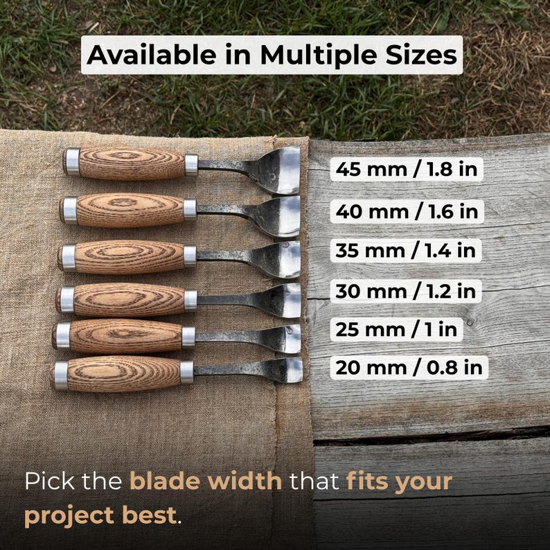 May include: Six wood-handled carving gouges with silver blades are displayed. The text "Available in Multiple Sizes" is at the top. The blade widths are listed as 45 mm/1.8 in, 40 mm/1.6 in, 35 mm/1.4 in, 30 mm/1.2 in, 25 mm/1 in, and 20 mm/0.8 in.