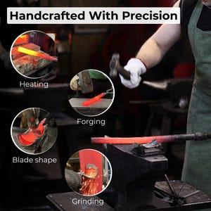 Pode incluir: Imagem mostrando o processo de trabalho de metais, com o texto "Handcrafted With Precision" no topo. A imagem inclui close-ups de aquecimento, forjamento, modelagem da l&acirc;mina e moagem, mostrando a cria&ccedil;&atilde;o de objetos de metal.