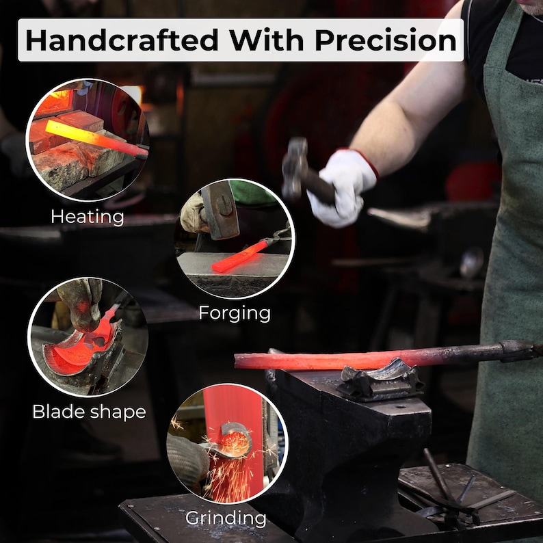 Pode incluir: Imagem mostrando o processo de trabalho de metais, com o texto "Handcrafted With Precision" no topo. A imagem inclui close-ups de aquecimento, forjamento, modelagem da l&acirc;mina e moagem, mostrando a cria&ccedil;&atilde;o de objetos de metal.