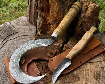 Hand Forged Garden Sickle and Mushroom Knife, 52100 Carbon Steel, Harvesting Tools