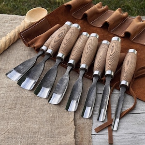 Hand-Forged Set 8-Piece Spoon Carving Gouge for Wood Project. Sharp Carbon Steel Blades, Ergonomic Ash Wood Handles. Wood Carving Gouges.