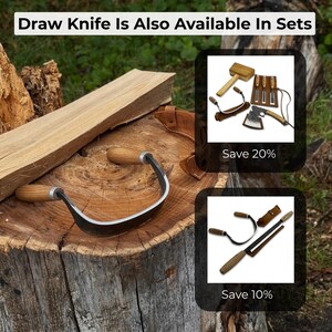 May include: A draw knife with wooden handles and a curved blade rests on a tree stump next to a piece of wood. The image also shows sets of tools with savings of 20% and 10%. The text at the top says "Draw Knife Is Also Available In Sets."