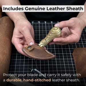 Small Leather Round Knife with Sheath. Razor Sharp Blade. Hand Forged from Hardened Carbon 52100 Steel, Ash Handle. Skiving Knife. Gift. image 5