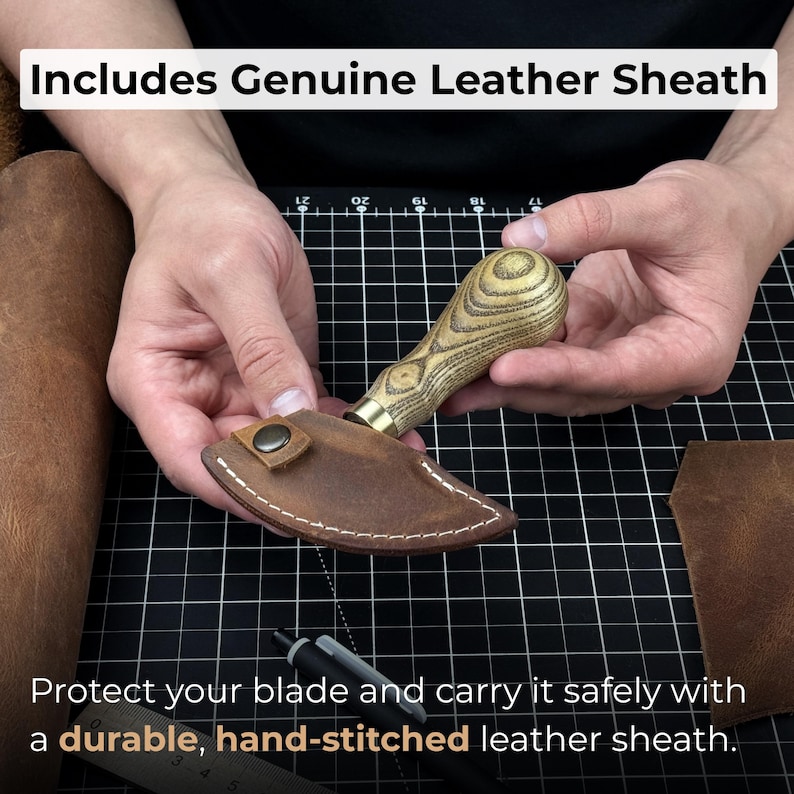 Small Leather Round Knife with Sheath. Razor Sharp Blade. Hand Forged from Hardened Carbon 52100 Steel, Ash Handle. Skiving Knife. Gift. image 5