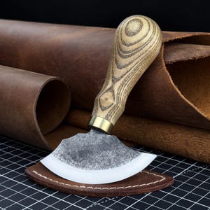 Small Leather Round Knife with Sheath. Razor Sharp Blade. Hand Forged from Hardened Carbon 52100 Steel, Ash Handle. Skiving Knife. Gift.