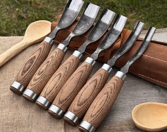 Hand-Forged Bent Gouges. 52100 Carbon Steel Blades, Ash Handles, Leather Roll. Wood Carving Tools for Bowl and Sculptural Carving
