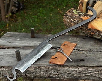 Hand-Forged Cloggers Knife. Hardened Carbon 52100 Steel Blade, Ash Handle, Leather Sheath. Stock Knife for Wood Carving and Woodworking.