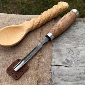 Hand-Forged Wood Carving Gouge – 52100 Steel Blade with Ash Handle, Leather Sheath – Curved Chisel for Spoons, Bowls & Figurine Carving.