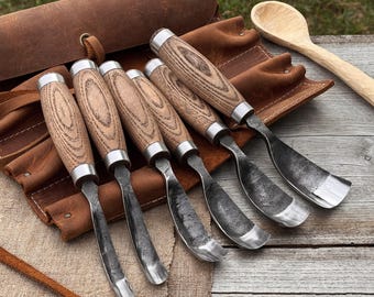 Hand-Forged Bent Gouges – Sharp 52100 Carbon Steel, Ergonomic Ash Handles, Leather Roll, Spoon & Bowl Carving Tools, Gift for Him