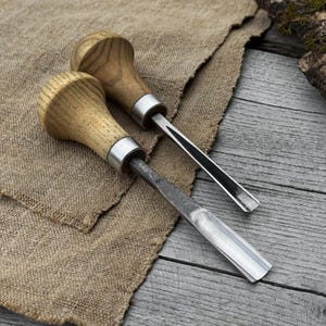 Forged Mini Gouge and V Chisel, 52100 Steel, Ash Handles, Tools for Detail Carving