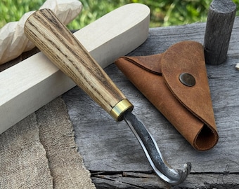 Forged Hook Knife for Wood Carving. Sharp Carbon Steel Blade, Ash Wood Handle, Leather Sheath. Beginners Knife for Carving Spoons, Bowls.