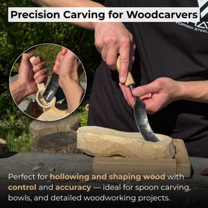 May include: A wood carving tool with a curved blade and wooden handle is held by a person. The image shows the tool in use, carving a wooden bowl. The text "Precision Carving for Woodcarvers" is at the top.