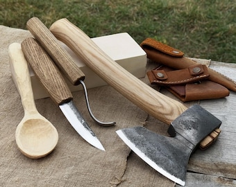 Carving Tools Set 3-Piece. Forged 52100 Carbon Steel Blades. Ash Handles. Leather Sheath. Sharp Knives and Axe for Spoon and Bowl Carving.