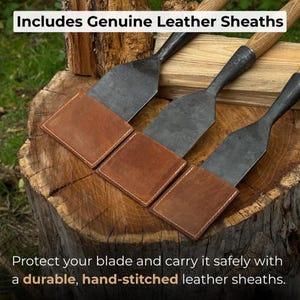 Crazy Horse leather sheaths close-up with thick leather and even stitching, protecting each timber slick blade