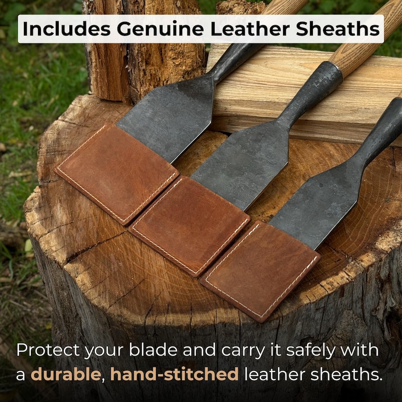 Crazy Horse leather sheaths close-up with thick leather and even stitching, protecting each timber slick blade