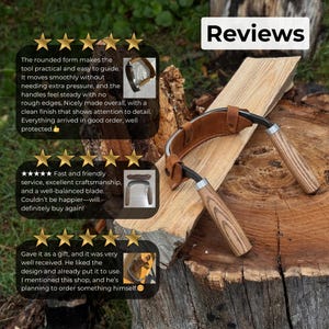 May include: A curved drawknife with a brown leather strap and wooden handles. The blade is made of metal. The tool is shown on a wooden surface. The word "Reviews" is at the top.