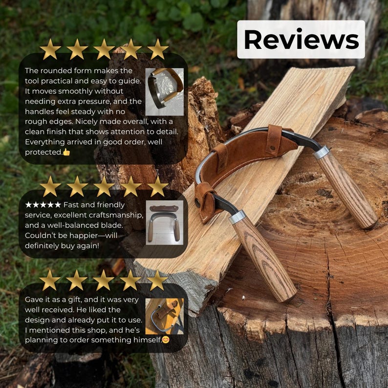 May include: A curved drawknife with a brown leather strap and wooden handles. The blade is made of metal. The tool is shown on a wooden surface. The word "Reviews" is at the top.