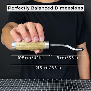 May include: A carving knife with a wooden handle and a curved blade. The handle is 4.1 inches long, the blade is 3.5 inches, and the total length is 8.5 inches. The text "Perfectly Balanced Dimensions" is at the top.