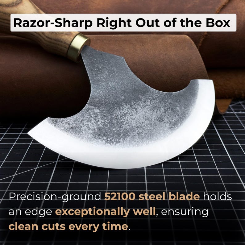 Leather Round Knife (Half Moon). Razor Sharp Blade. Hand Forged From hardened Carbon 52100 Steel, Ergonomic Ash Handle, with Leather Sheath image 3