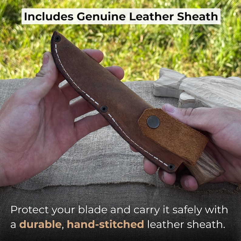 Craftsman holding wood carving knife in leather sheath, showing secure blade protection and safe storage for carving work.