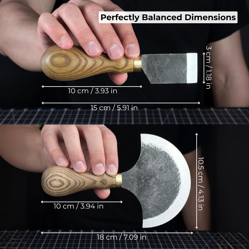 Puede incluir: Se muestran dos cuchillos para trabajar el cuero, uno rectangular y otro curvo. El cuchillo rectangular mide 15 cm de largo, y el cuchillo curvo mide 18 cm de largo. Ambos tienen mangos de madera y hojas de metal. El texto "Perfectly Balanced Dimensions" est&aacute; en la parte superior.