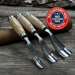 3-Piece Hand-Forged Spoon Bent Gouge Set – Razor Sharp 52100 Carbon Steel Blades, Ergonomic Ash Handles, Leather Roll – Wood Carving Tools.