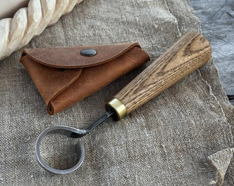 Forged Scorp Knife for Green Woodworking – 52100 Carbon Steel Blade, Ash Handle, Leather Sheath. Spoon Carving & Wood Carving Knife Tool.