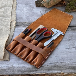 Universal Leather Tool Case with 5 Pockets. Genuine Leather Crazy Horse. Tool Storage Bag. Case for Chisels, Gouge, Knives and Garage Tools