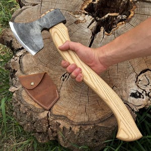 Chopping Ax. Sharp Blade. Hand Forged from Hardened Carbon 52100 Steel, Ergonomic Ash Handle, Leather Sheath. Wood Carving Axe. Woodworking