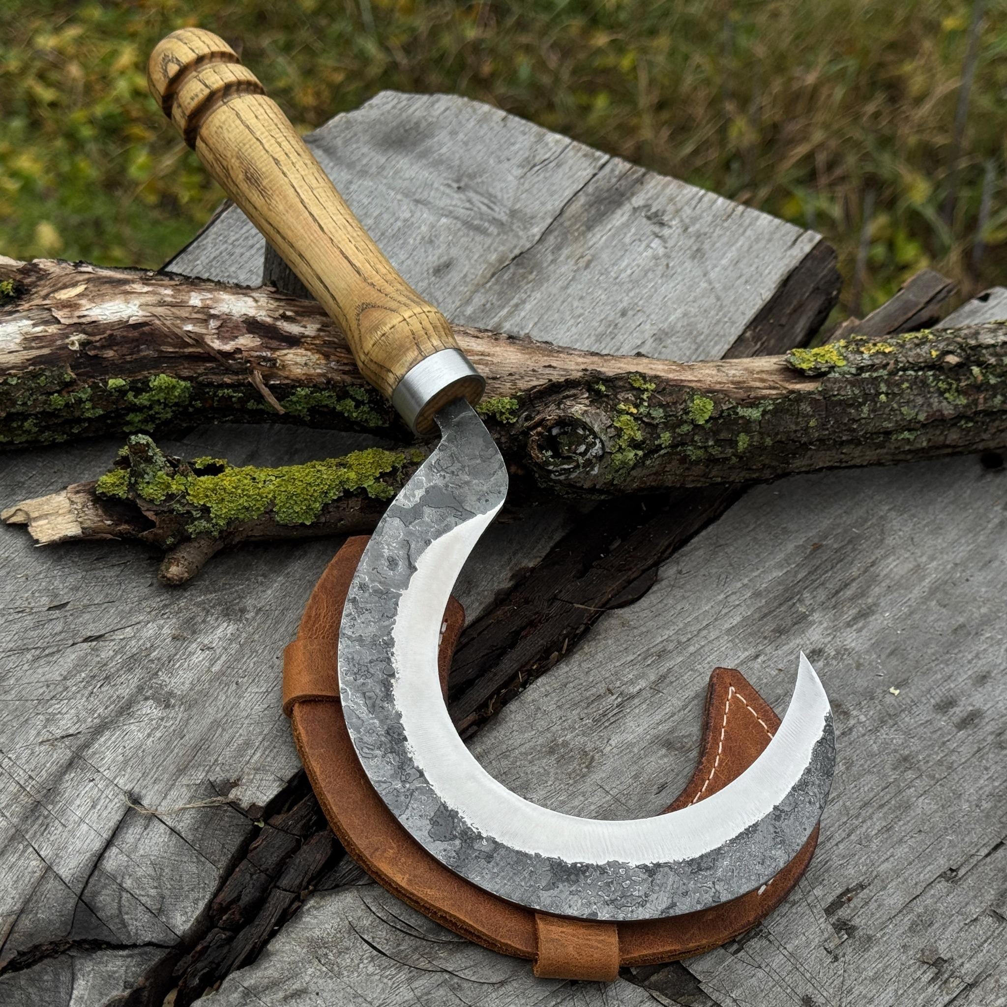 Small Garden Sickle – Handcrafted 52100 Carbon Steel Blade, Ash