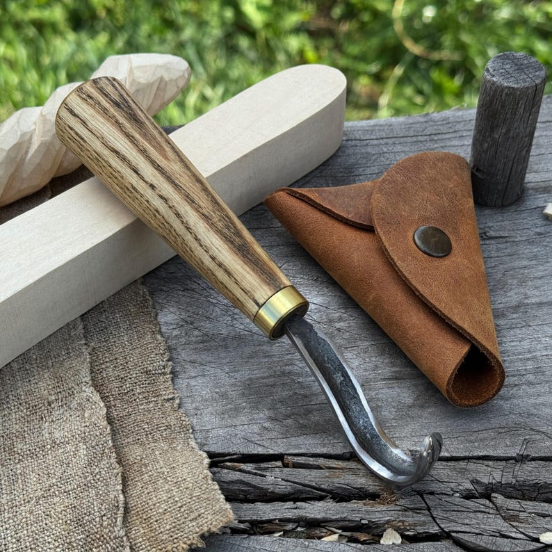 Forged Hook Knife for Wood Carving. Sharp Carbon Steel Blade, Ash Wood Handle, Leather Sheath. Beginners Knife for Carving Spoons, Bowls. image 1