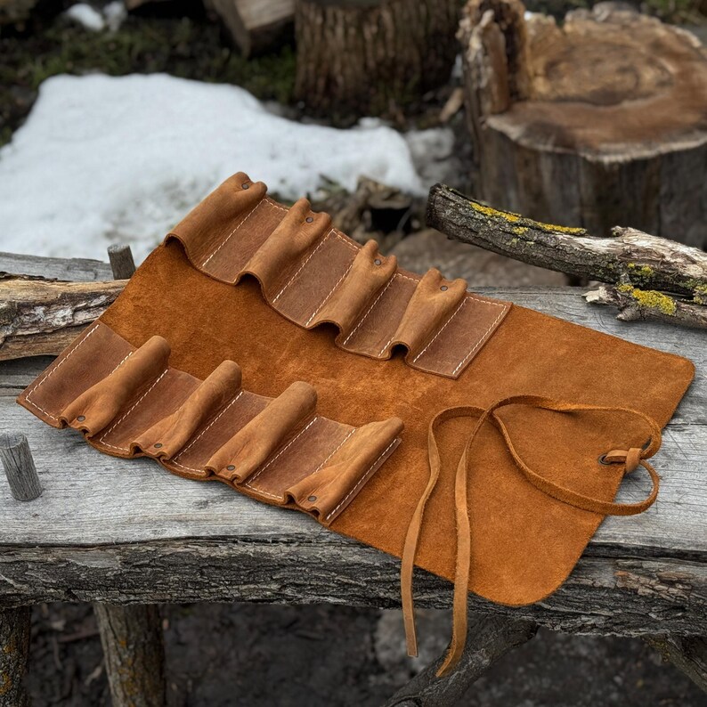 Genuine Leather Tool Roll with 8 Pockets. Universal Leather Crazy Horse. Tool Storage Bag. Roll for Chisels, Gouge, Knives and Garage Tools image 19