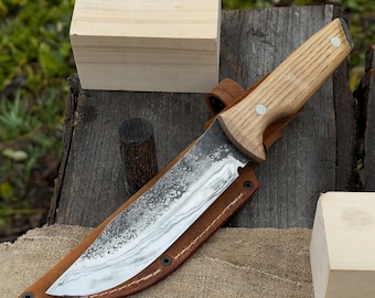 Bushcraft Knife. Sharp Blade. Hand Forged from Hardened Carbon 52100 Steel, Ergonomic Ash Handle. with Leather Sheath. Custom Hunting Knife.