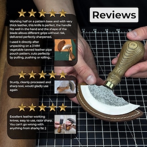 Ledermesser Rund. Rasiermesserscharfe Klinge. Halbmond Messer. Handgeschmiedet aus gehärtetem Carbon 52100 Stahl, ergonomischer Griff, mit Lederscheide Bild 9
