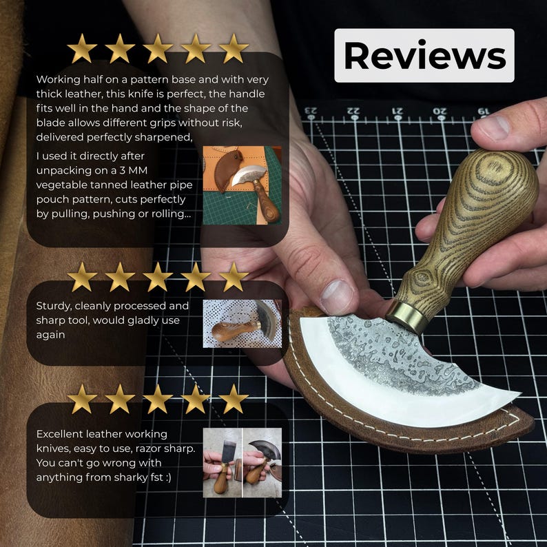 Ledermesser Rund. Rasiermesserscharfe Klinge. Halbmond Messer. Handgeschmiedet aus gehärtetem Carbon 52100 Stahl, ergonomischer Griff, mit Lederscheide Bild 9