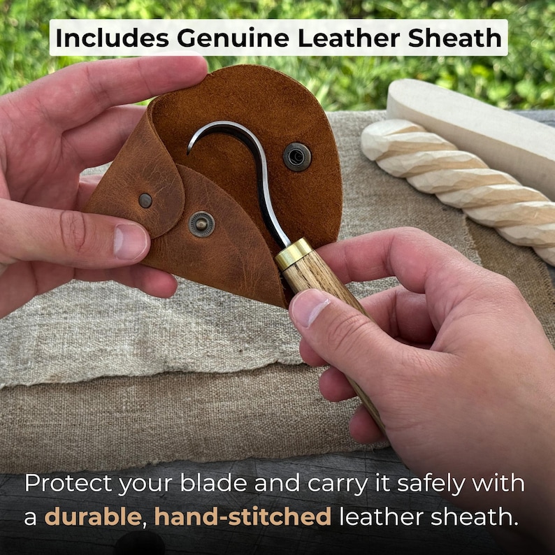 Forged Hook Knife for Wood Carving. Sharp Carbon Steel Blade, Ash Wood Handle, Leather Sheath. Beginners Knife for Carving Spoons, Bowls. image 4