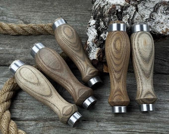 Set of 5 Round Ash Wood Handles with Aluminum Rings – Replacement Handles for Woodworking Chisels, Carving Gouges and Hand Tools.