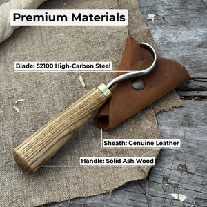 Forged Hook Knife for Wood Carving. Sharp Carbon Steel Blade, Ash Wood Handle, Leather Sheath. Beginners Knife for Carving Spoons, Bowls. image 6