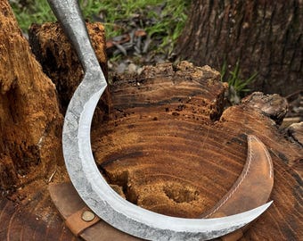 Sickle with Forged Handle. Razor Sharp Blade. Hand Forged from Hardened Carbon 52100 Steel, Leather Sheath. Gardening Sickle. Boline. Scythe