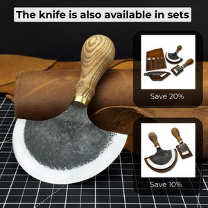 Leather Half Moon Knife. Razor Sharp Blade. Head Knife. Hand Forged from Hardened Carbon 52100 Steel, Ash Wood Handle, with Leather Sheath image 10