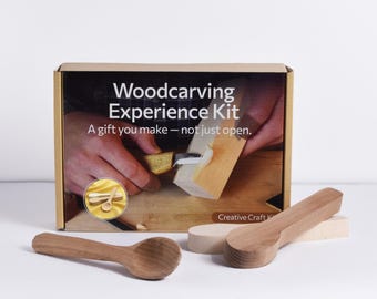 Beginner 3-Spoon Carving Kit – DIY Spoon Making Set with Linden, Cherry and Oak Blanks, Forged Tools, Video Guide