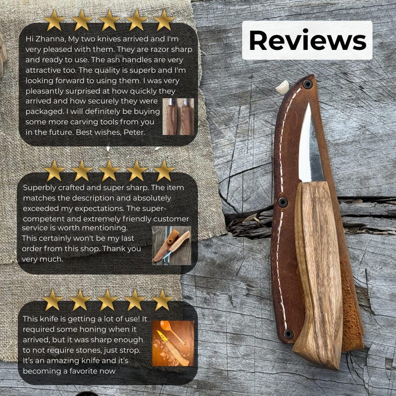 Wood carving knife beside customer reviews, trusted forged carving tool praised for sharpness, durability, and detailed carving results.