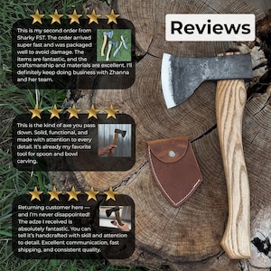 Mała siekiera do rzeźbienia w drewnie. Ostre ostrze. Kuta ręcznie z hartowanej stali węglowej 52100, ergonomiczna rękojeść jesionowa. Pochwa skórzana. Siekiera do rzeźbienia w kształcie łyżki. zdjęcie 10