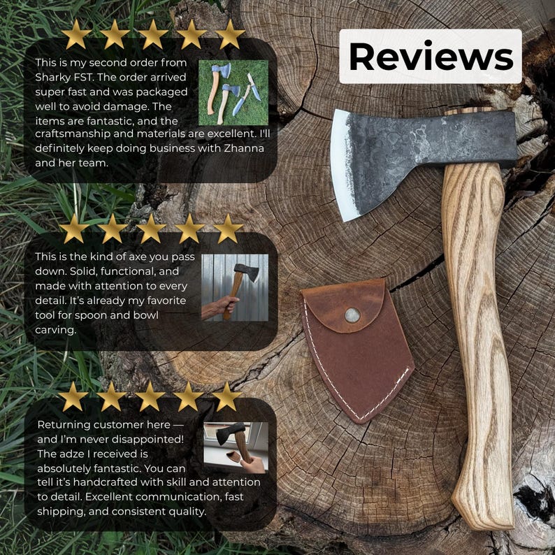 Mała siekiera do rzeźbienia w drewnie. Ostre ostrze. Kuta ręcznie z hartowanej stali węglowej 52100, ergonomiczna rękojeść jesionowa. Pochwa skórzana. Siekiera do rzeźbienia w kształcie łyżki. zdjęcie 10