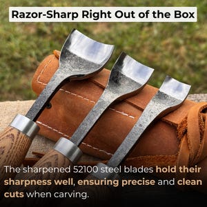 May include: Set of three carving tools with wooden handles and steel blades. The blades are displayed in front of a brown leather case. Text at the top reads "Razor-Sharp Right Out of the Box". The text at the bottom says the blades ensure precise cuts.