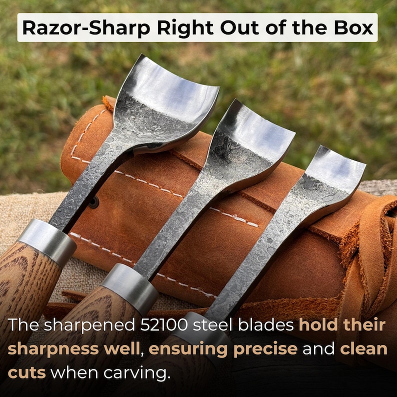 May include: Set of three carving tools with wooden handles and steel blades. The blades are displayed in front of a brown leather case. Text at the top reads "Razor-Sharp Right Out of the Box". The text at the bottom says the blades ensure precise cuts.