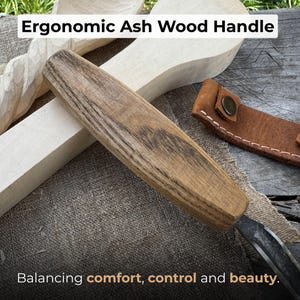 Hand Forged Hook Knife for Spoon Carving. Sharp Carbon Steel Blade, Ash Wood Handle, Leather Sheath. Beginners Knife for Wood Carving. image 3