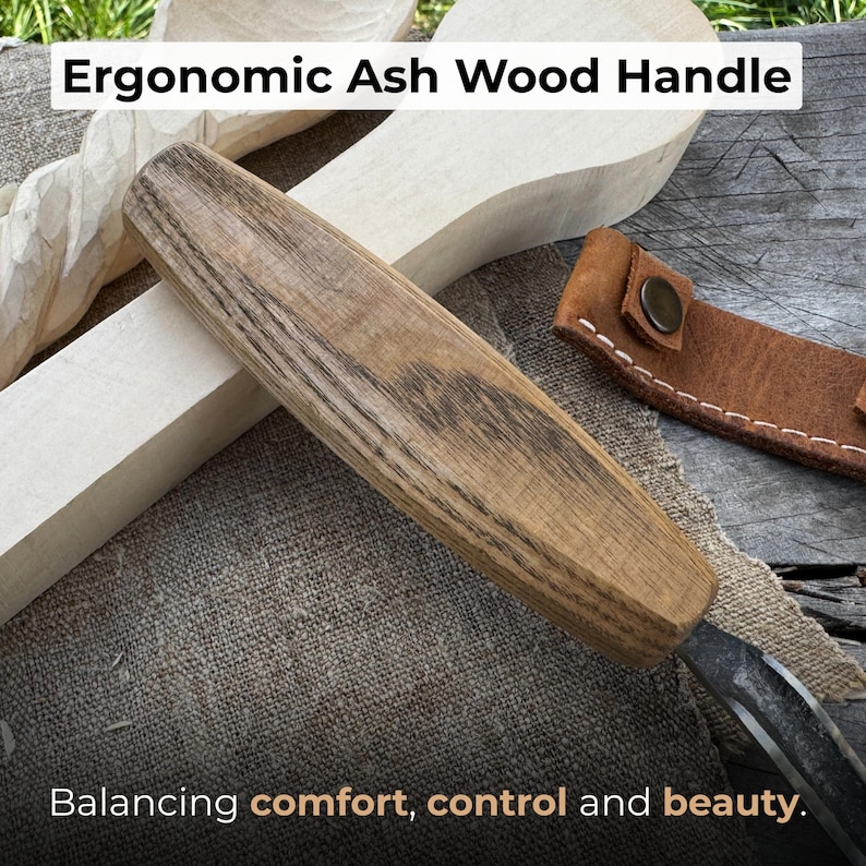 Hand Forged Hook Knife for Spoon Carving. Sharp Carbon Steel Blade, Ash Wood Handle, Leather Sheath. Beginners Knife for Wood Carving. image 3