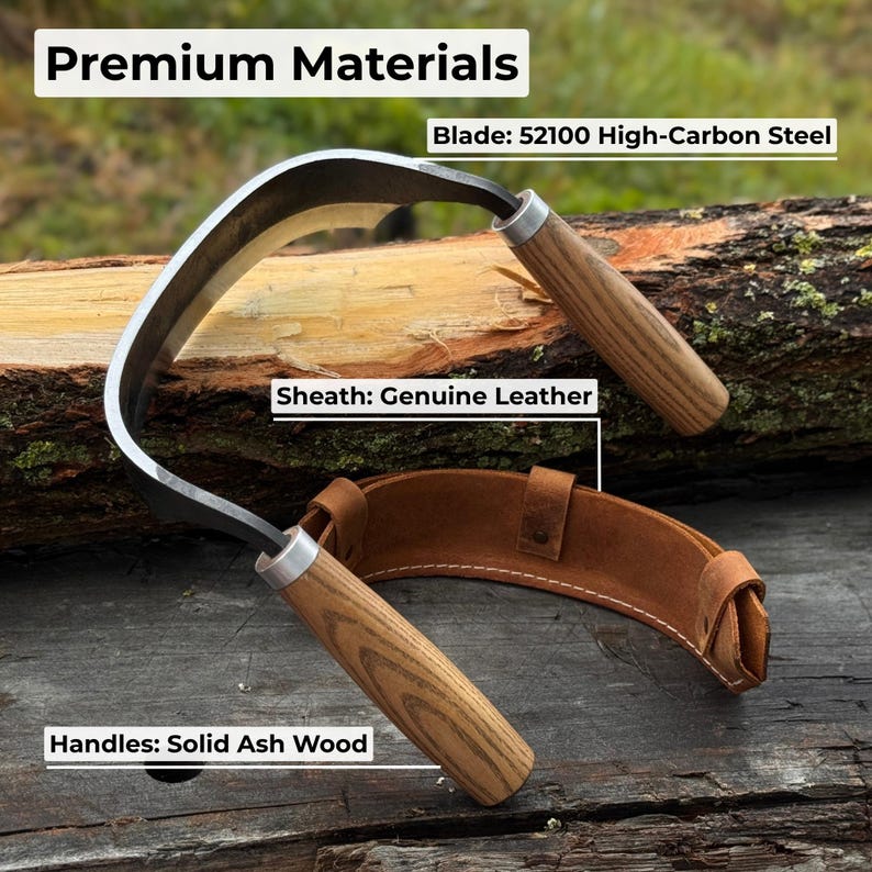 May include: A curved blade tool with a wooden handle and a leather sheath. The blade is made of 52100 high-carbon steel, and the handle is solid ash wood. The sheath is genuine leather. The text "Premium Materials" is visible.